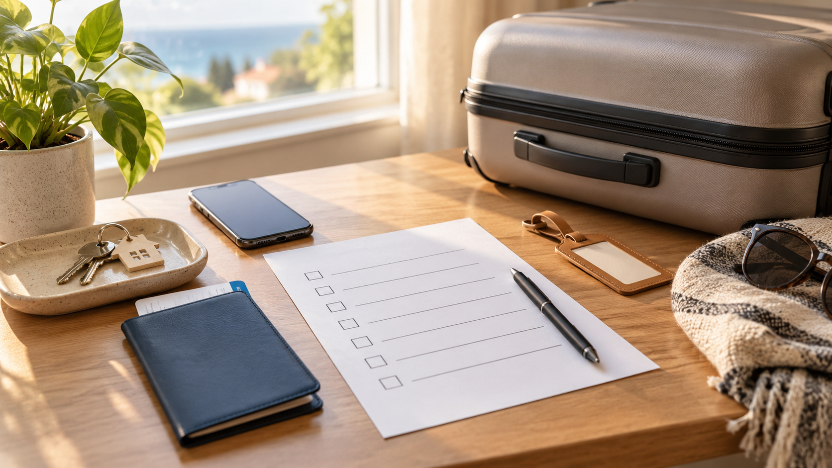 Printable travel checklist with documents and travel items on a desk