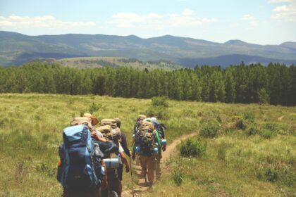 Group of hikers walking on a trail with backpacks in a mountain landscape