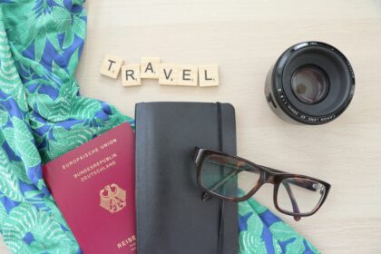 Travel essentials for travelling overseas with passport notebook camera and glasses