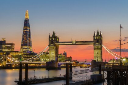 Tower Bridge with The Shard skyline at sunset in London UK