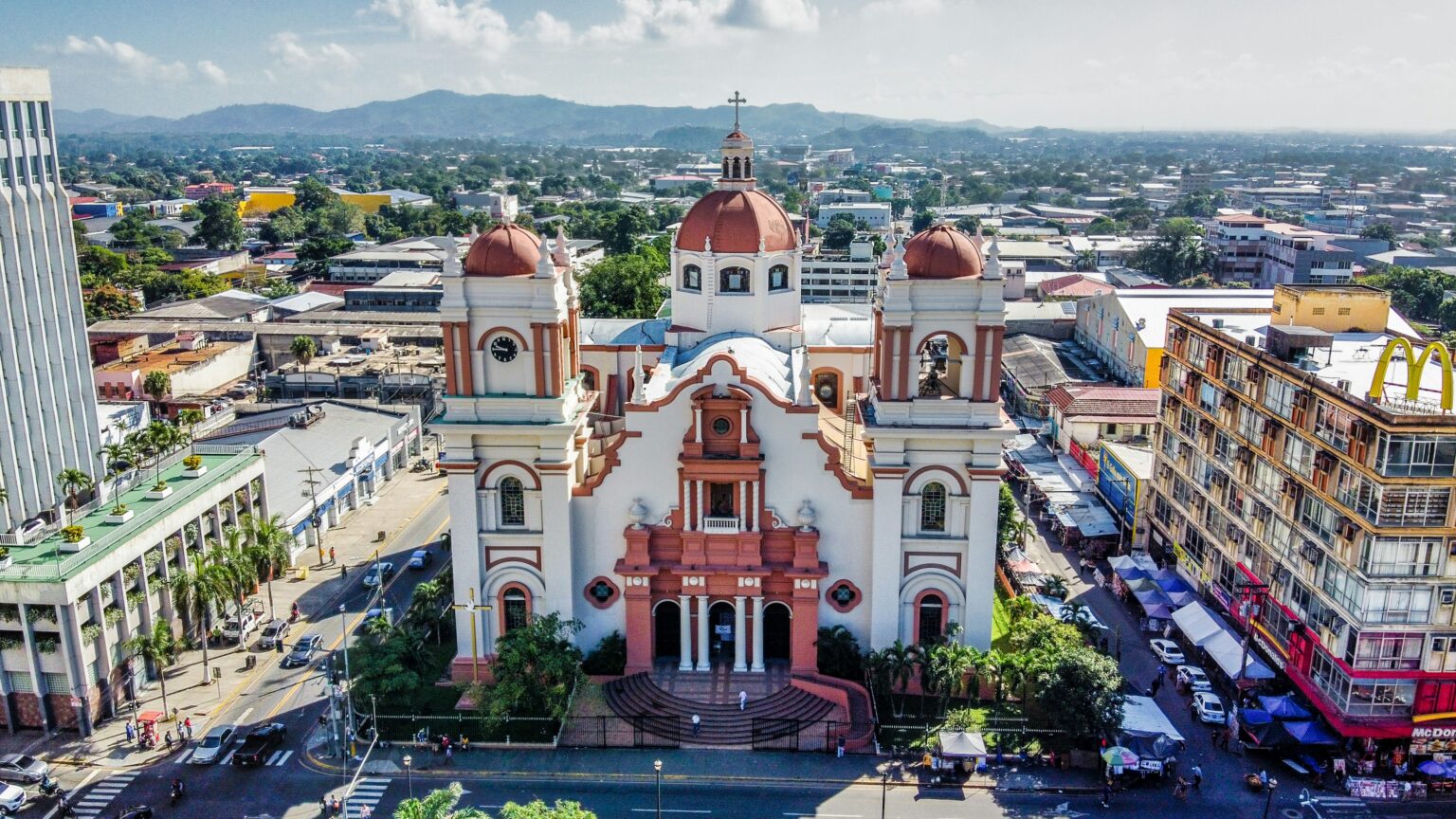 Cathedral of San Pedro Sula aerial view downtown Honduras city skyline