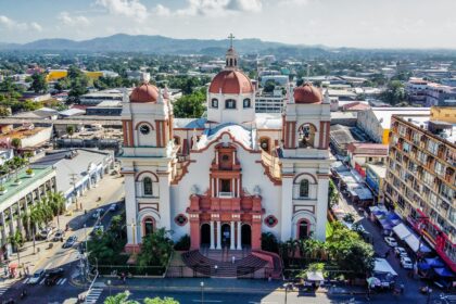 Cathedral of San Pedro Sula aerial view downtown Honduras city skyline
