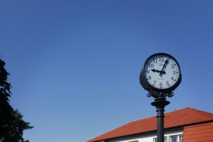 Street clock in Warsaw Poland beside a historic building and quiet city road what time is it in Poland