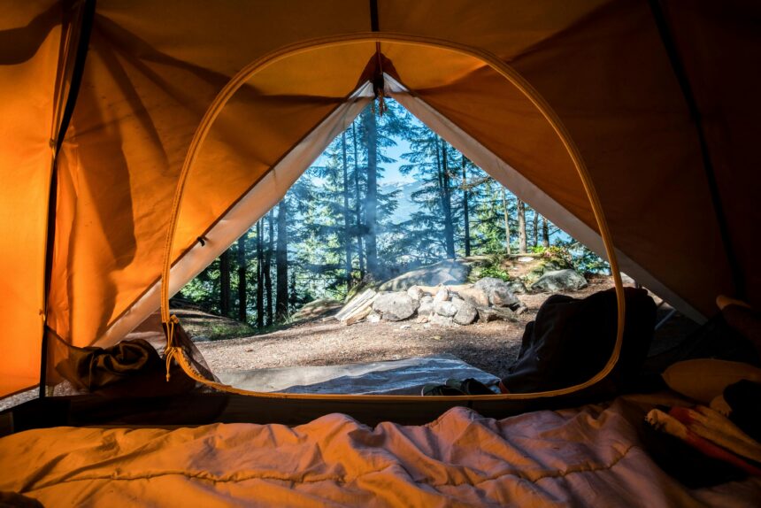 Camping essentials inside a tent with a forest and campsite view outside.
