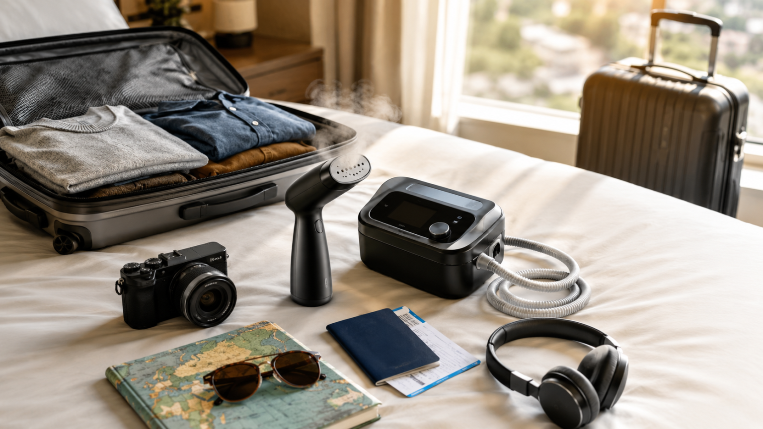 Travel steamer travel cpap machine and travel camera laid out next to a packed suitcase