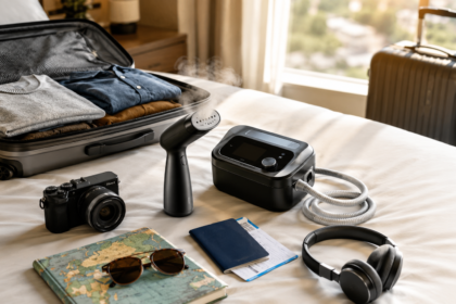 Travel steamer travel cpap machine and travel camera laid out next to a packed suitcase