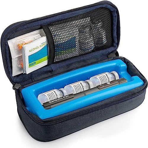 An open insulin travel cooler case with a blue gel pack tray holding insulin pens and alcohol wipes