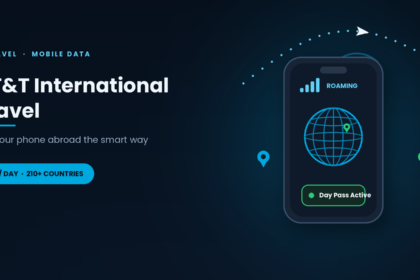 att international travel shown with a phone in roaming mode a globe signal waves and a flight path