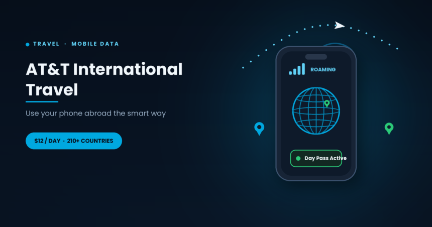 att international travel shown with a phone in roaming mode a globe signal waves and a flight path