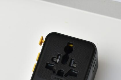 Universal travel adapter with multiple plug slots and USB ports