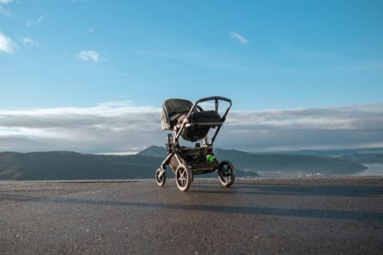 A stroller travel system parked on a paved lookout with mountains and sky behind it