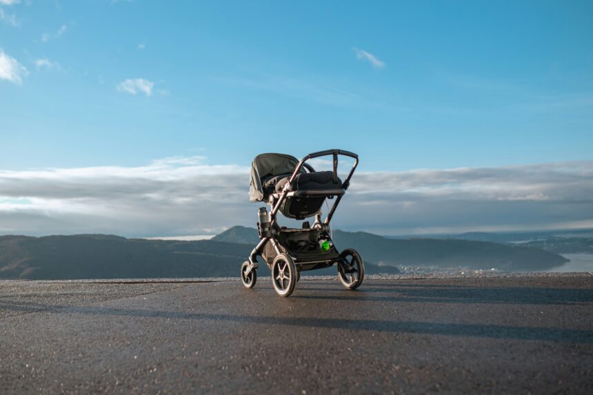 A stroller travel system parked on a paved lookout with mountains and sky behind it
