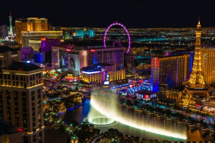 Night view of Las Vegas Strip with fountains and bright city lights for Things to Do in Las Vegas.