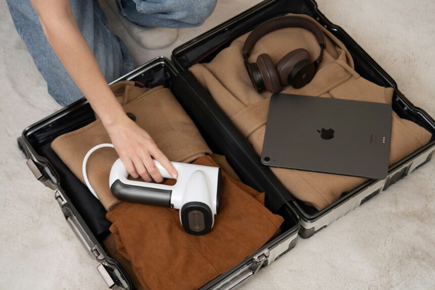 Travel steamer packed in open suitcase with folded clothes and headphones
