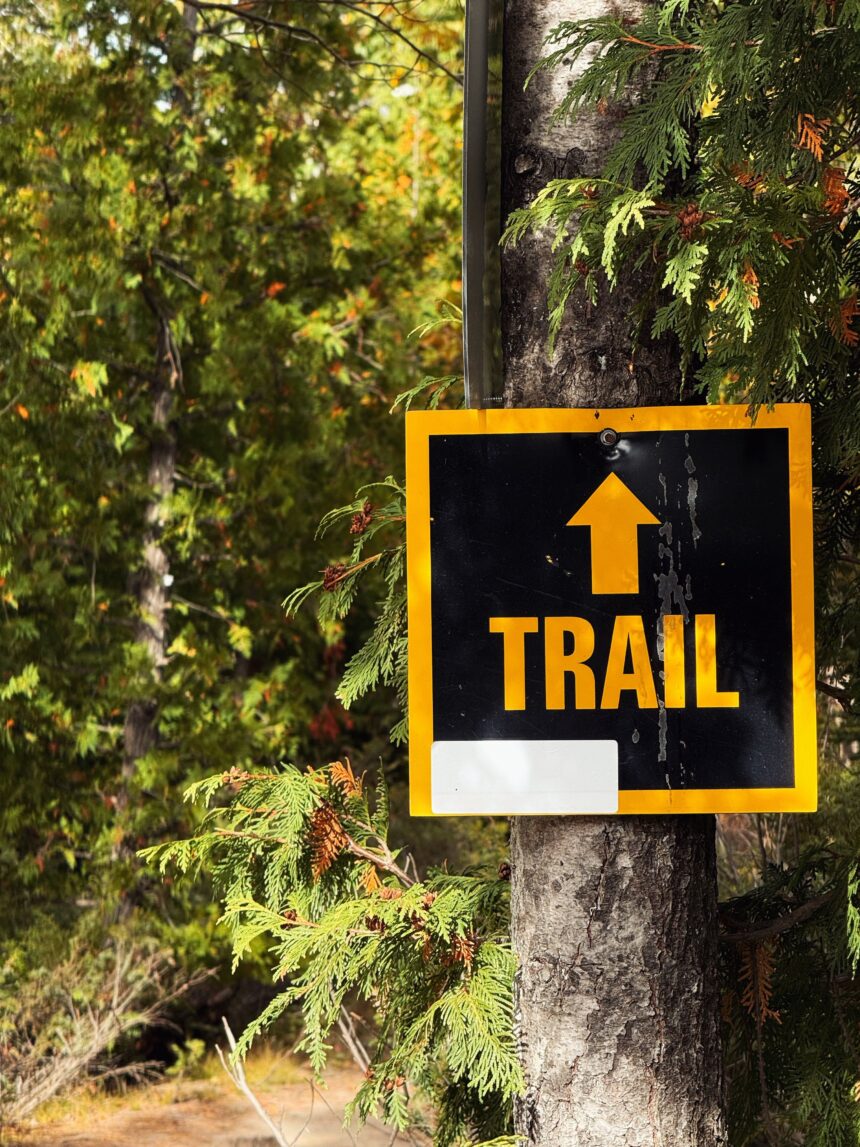 Acadia National Park hiking trails shown by a rocky coastal trail above the Atlantic ocean