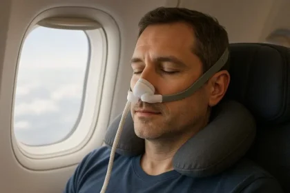 Man using a travel CPAP machine with nasal mask while sleeping on a plane