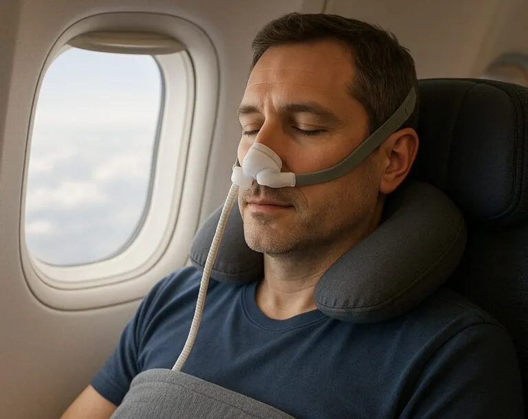 Man using a travel CPAP machine with nasal mask while sleeping on a plane