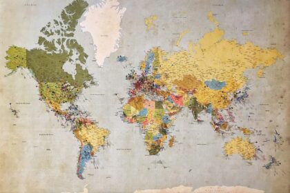 How many countries are in the world shown on a vintage push pin travel map