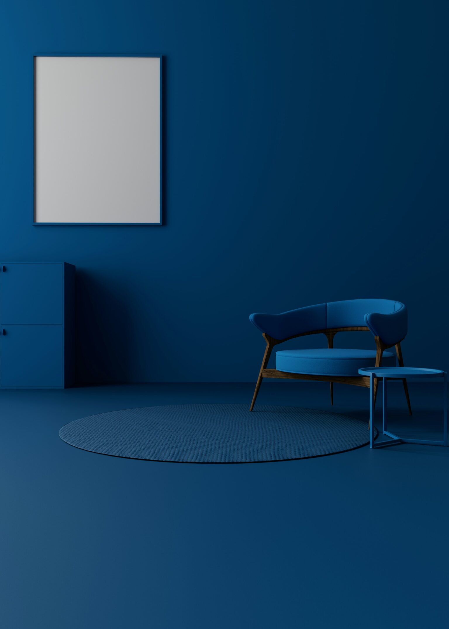 Blue home decor accessories in a monochrome blue living room