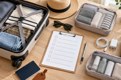 Small minimalist travel bag packed with daily essentials