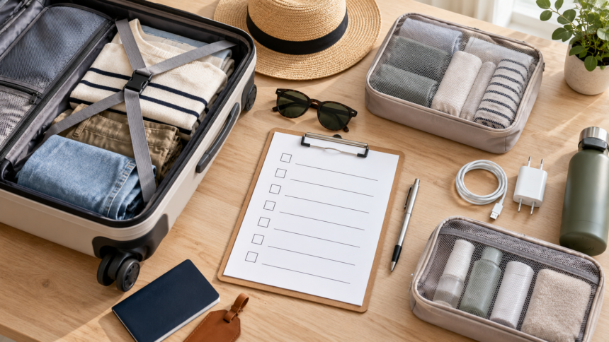 Small minimalist travel bag packed with daily essentials